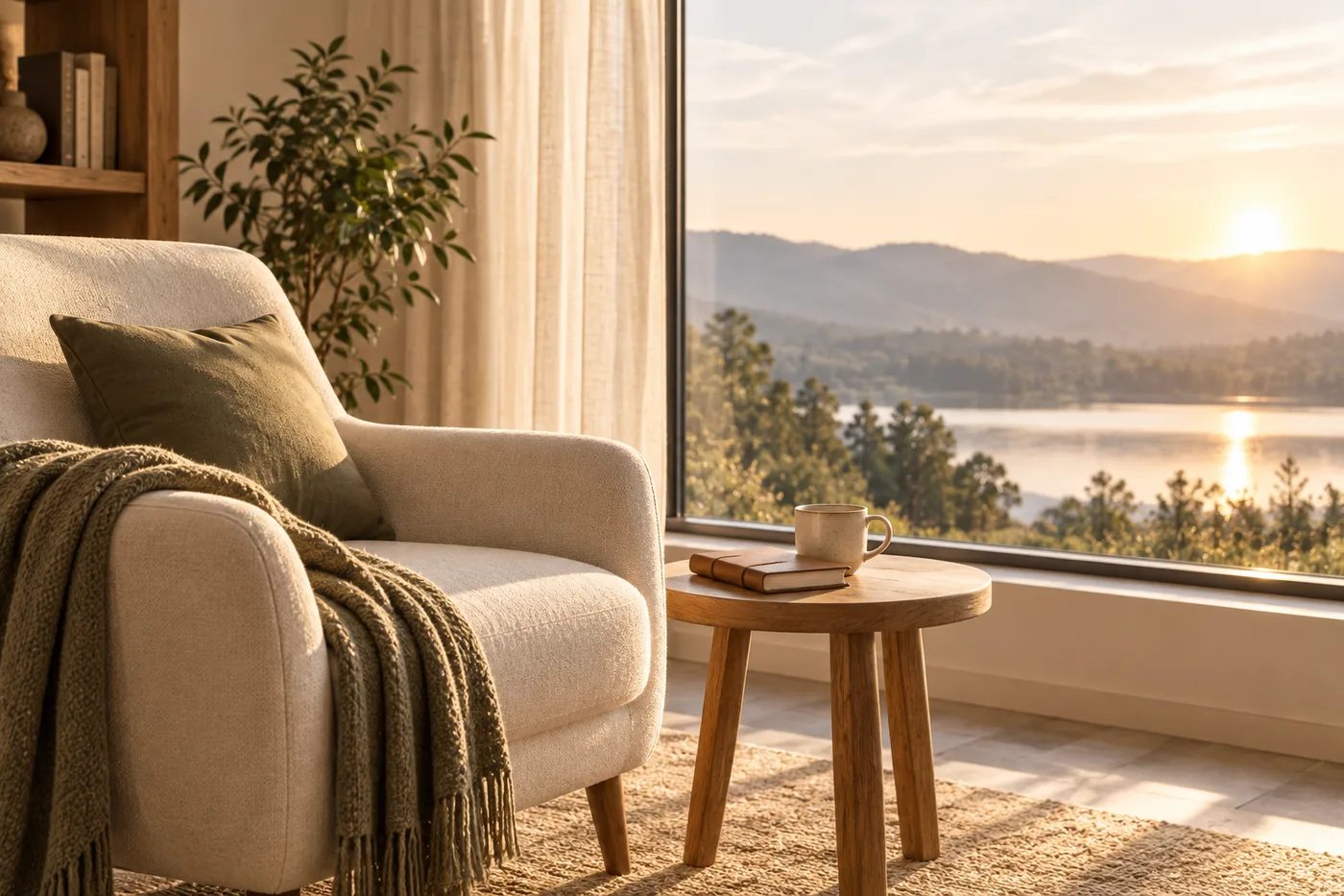 Sillón junto a una ventana iluminada al amanecer