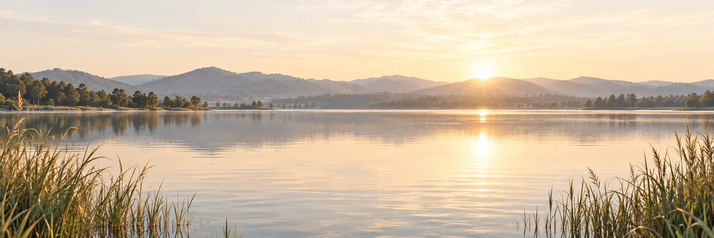 Lago sereno entre juncos con luz cálida de amanecer
